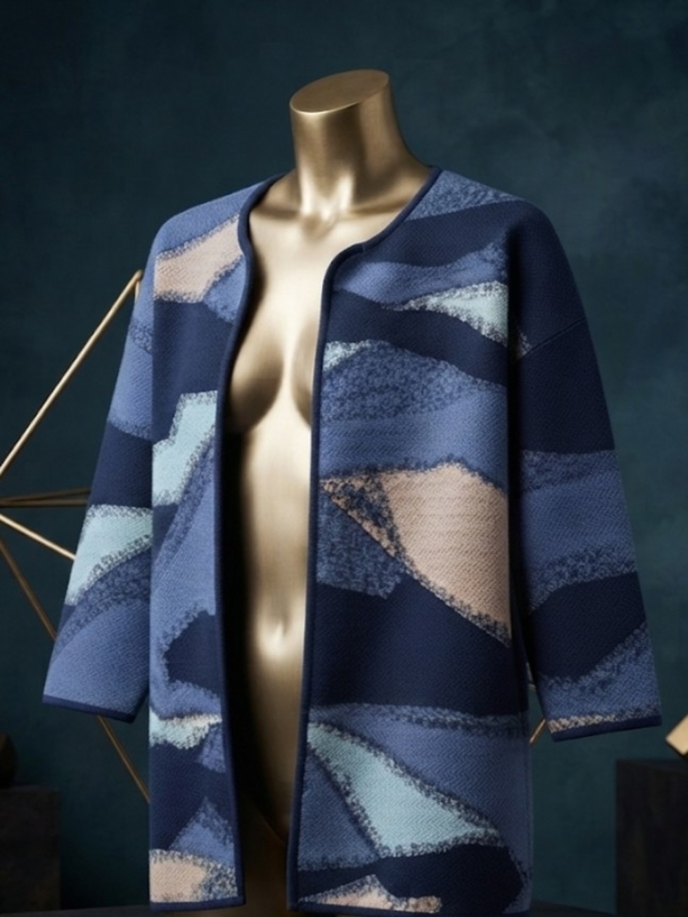Chico's Navy & Light Blue Abstract Open-Front Knit Coat
